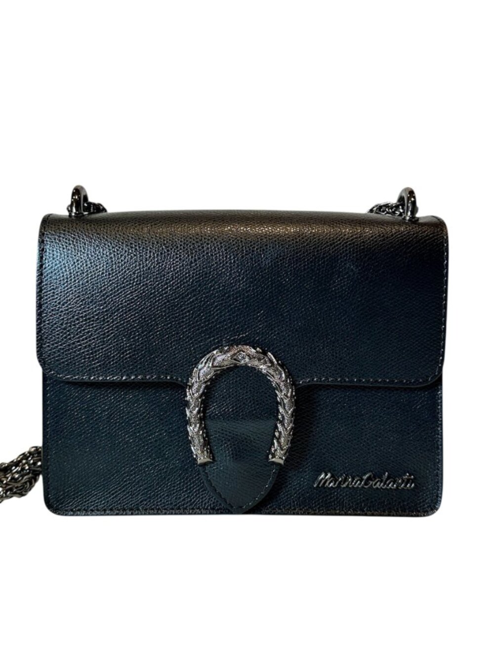 MARINA GALANTI Chain Strap Purse Crossbody Shoulder Bag Black Leather Horse Shoe